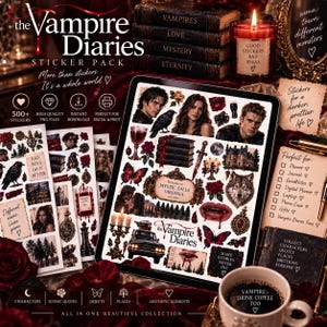 May include: A digital sticker pack featuring The Vampire Diaries theme, displayed on a tablet screen. The collection includes illustrations of characters, a raven, a wolf, red roses, a vintage car, a dagger, candles, and text like Mystic Falls Virginia.