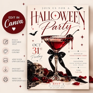 Peut inclure: Un modèle d'invitation pour une fête d'Halloween avec un verre à martini rempli de liquide rouge, un ruban noir, un crâne métallique et des pétales de rose rouges. Le texte indique : JOIN US FOR A HALLOWEEN PARTY, OCT 31ST FRIDAY, RSVP BY OCTOBER 20TH.