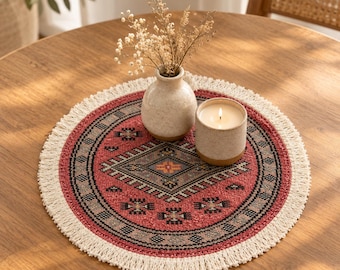 Round Table Mat, Boho Rustic Placemat, Cream Fringe, Tribal Home Decor