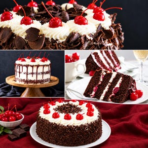 Op de afbeelding: Een collage van Schwarzwalder Kirschtorte met lagen donkere chocoladecake, witte slagroom en felrode kersen. De taarten zijn versierd met chocoladeschaafsel, toeven slagroom en een chocolade drip afwerking.