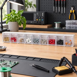 Op de afbeelding: Een witte kunststof opbergorganizer met negen individuele doorzichtige kantelbakjes. Elk bakje bevat diverse kleine hardware-onderdelen, waaronder metalen connectoren, schroeven, zekeringen en elektrische kabelklemmen, in één rij.