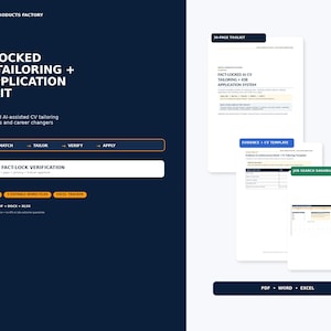 May include: A digital product toolkit for UK job seekers featuring a 36-page PDF, Word files, and an Excel tracker. The document includes a Fact-Locked AI CV tailoring system, a 12-point verification process, an evidence template, and a job search dashboard.