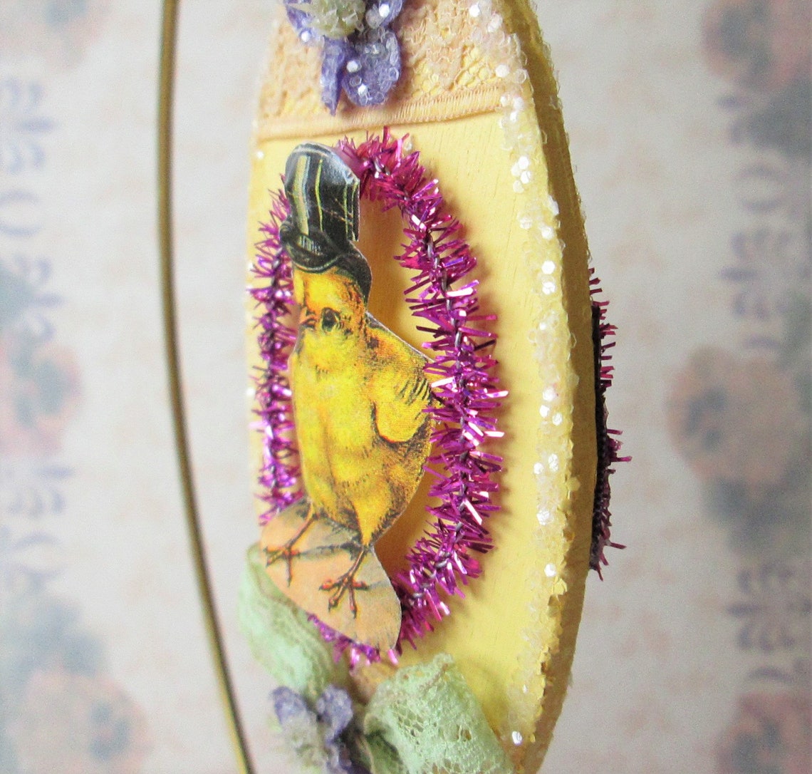 Easter Chick Ornament / Victorian Style / Wood Ornament / Etsy