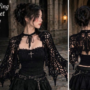May include: A black crochet shrug featuring a bat wing design with an open-knit pattern. The garment includes a high neck with a tie closure. The text on the image reads: Bat Wing Crochet Shrug, Bold Look, Lightweight, Handmade, Perfect for Halloween Parties & Beyond, Back View.
