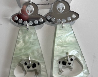 Green Dream Alien Abduction Dangle Earring | Earring | Statement | Alien | Cow