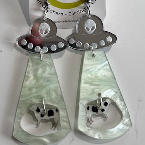 Green Dream Alien Abduction Dangle Earring | Earring | Statement | Alien | Cow