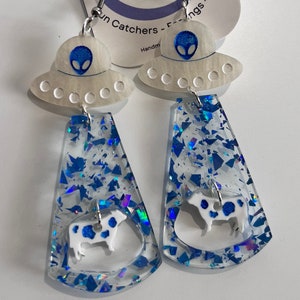 Blue Flakes Alien Abduction Dangle Earring | Earring | Statement | Alien | Cow