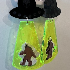 Bigfoot Alien Abduction Dangle Earring | Neon Green | Earring | Statement | Alien | Bigfoot | Cryptid