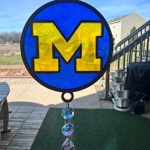 Maize and Blue Sun Catcher | Michigan | College | Stained Glass Window Hanging | Prism | Gift | Rainbow Maker