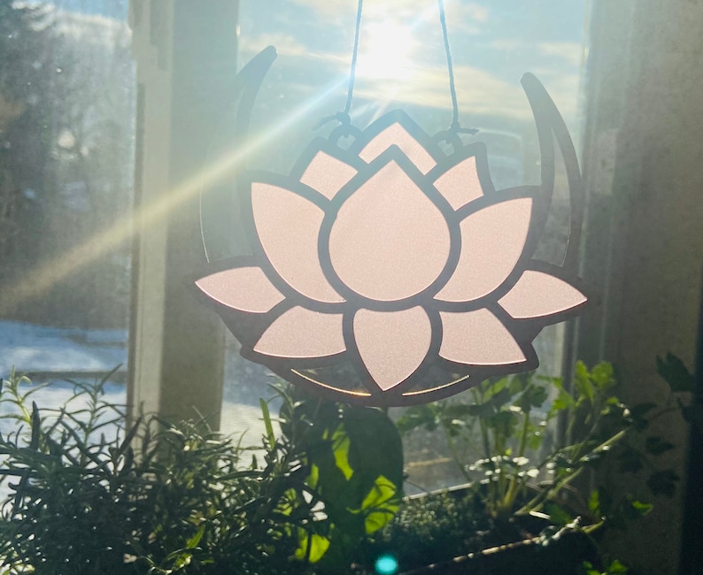 Faux Stained Glass Pink Lotus and Moon Sun Catcher Moon Lotus Window Hanging