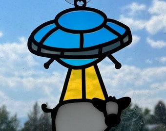 Cow Abduction Sun Catcher | Faux Stained Glass | Alien Abduction | Aliens | Cows | Space | Window Hanging