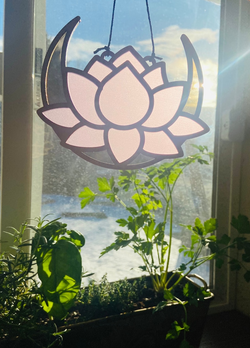 Faux Stained Glass Pink Lotus and Moon Sun Catcher Moon Lotus Window Hanging