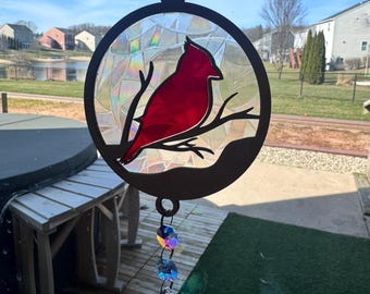 Cardinal Sun Catcher | Stained Glass Window Hanging | Bird Window Hanging | Nature Decor | Memorial Gift | Prism | Gift | Rainbow Maker