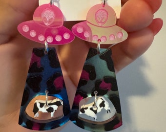 Rainbow Alien Abduction Patterned Beam Dangle Earring | Earring | Statement | Alien | Cow