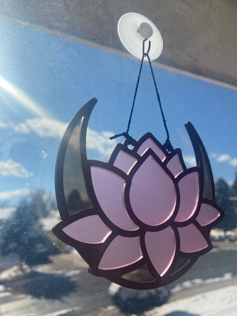 Faux Stained Glass Pink Lotus and Moon Sun Catcher Moon Lotus Window Hanging