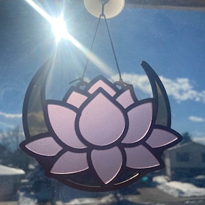 Pink Lotus and Moon Sun Catcher | Faux Stained Glass | Lotus | Moon | Window Hanging | Sun Catcher