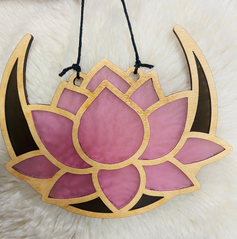 Faux Stained Glass Pink Lotus and Moon Sun Catcher Moon Lotus Window Hanging