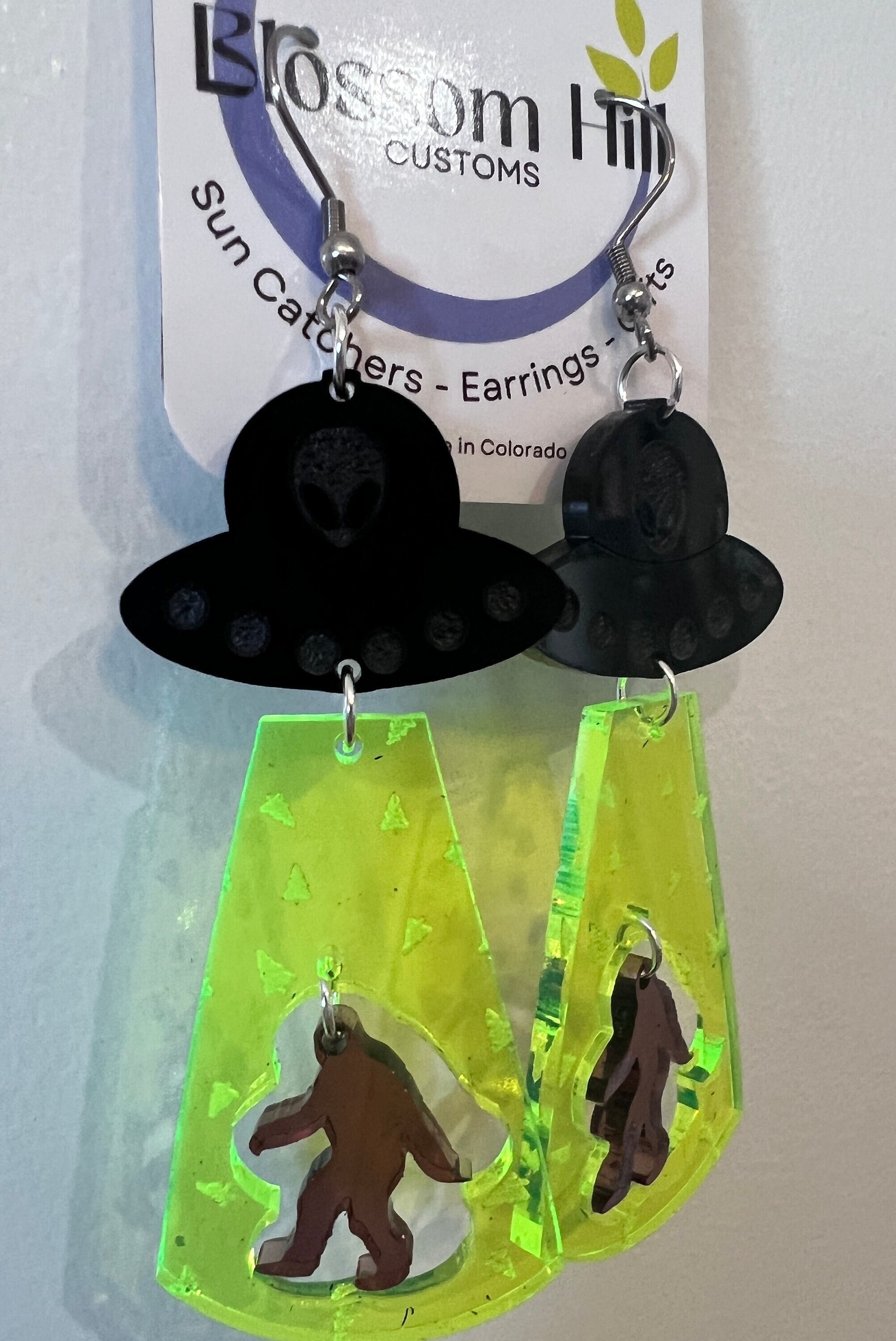 Bigfoot Alien Abduction Dangle Earring | Neon Green | Earring | Statement | Alien | Bigfoot | Cryptid