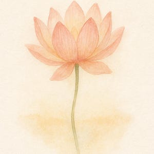 Puede incluir: Ilustración en acuarela de una flor de loto en tonos melocotón y amarillo, con un tallo verde. El texto "A Gentle Return to Your Worth" está en la parte superior. El fondo es beige suave y texturizado.