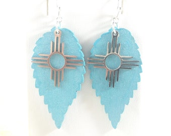 Zia Earrings Turquoise Hand Painted Silver Stainless Steel Santa Fe New Mexico Unique Southwestern Jewelry NM Zia Symbol Albuquerque Jewelry