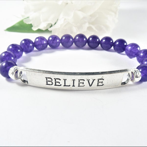 Purple Amethyst Believe Bracelet, Stretch Christian Bead Jewelry, Religious Women Teen Gifts, Special Gift For Her, Popular Right Now