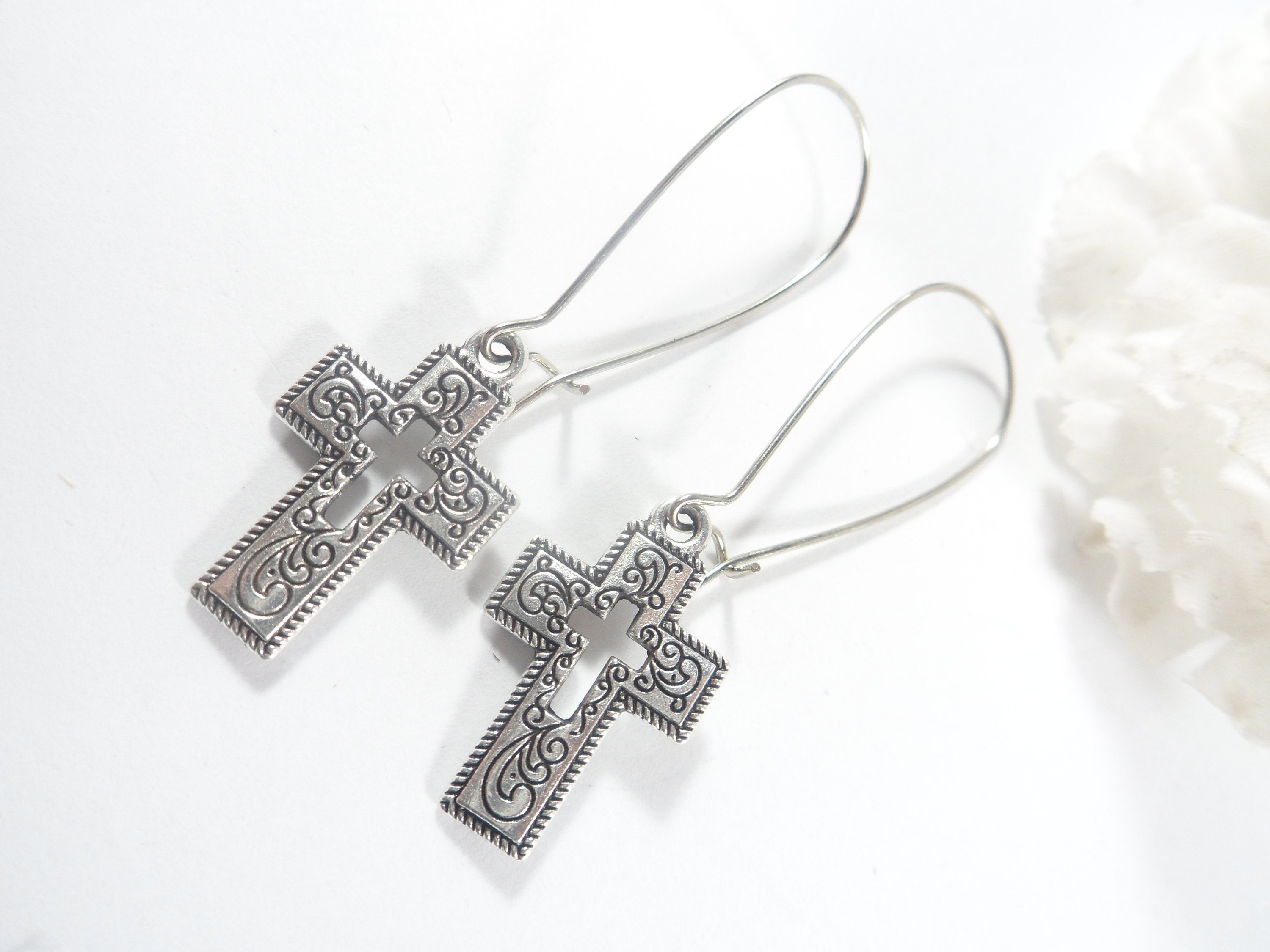 Silver Cross Earrings Cross Jewelry Christian Earrings Etsy