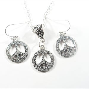 Silver Peace Sign Jewelry Set: Boho Earrings & Necklace