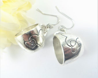 Heart Tea Cup Earrings Mug Earrings Kitchen Charm Earrings TeaCup Charm Earrings with Double Hearts Tea Drinker Earrings Coffee Drinker Gift