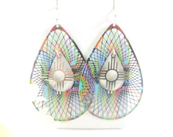 Multi Colored Zia Earrings Large Zia Symbol Unique Teardrop Earrings Santa Fe New Mexico Albuquerque Jewelry Reversible Southwestern Style