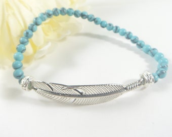 Feather Bracelet Feather Charm Jewelry Turquoise Blue Howlite Bead Native Tribal Bracelet Southwestern Stye Native Turquoise Bead Bracelet