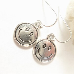 Happy Face Earrings, Silver Smiley Earrings, Earrings for Girls, Teen Earrings, Retro Earrings, 70’s Earrings, Gifts under 10 for All Ages