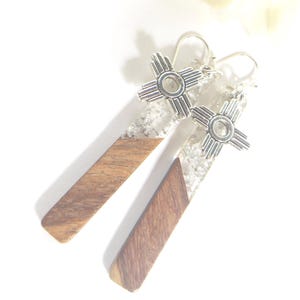 Zia Dangle Earrings Unique Gold Flaked: Wood & Resin, Santa Fe Jewelry