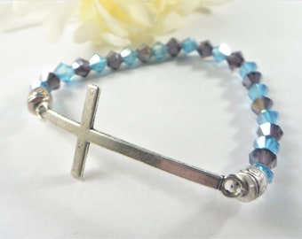 Swarovski Crystal Cross Bracelet, Amethsyt Blue Christian Wrislet, Womens Teen GIrls Jewelry, Dainty Girlfriend Wife Gift, Religious Present