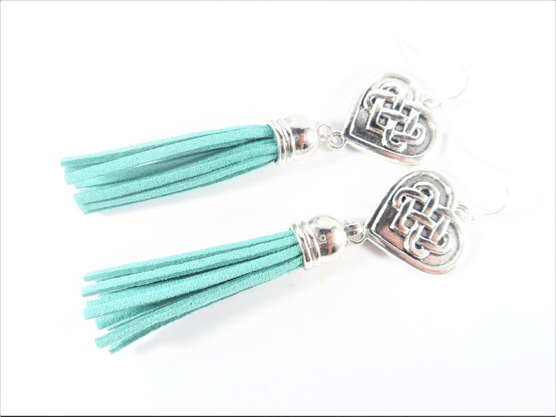 Sea Green Tassel Earrings Dangle Earrings SALE Long Earrings Heart Earrings Green Jewelry Celtic Earrings Irish Jewelry