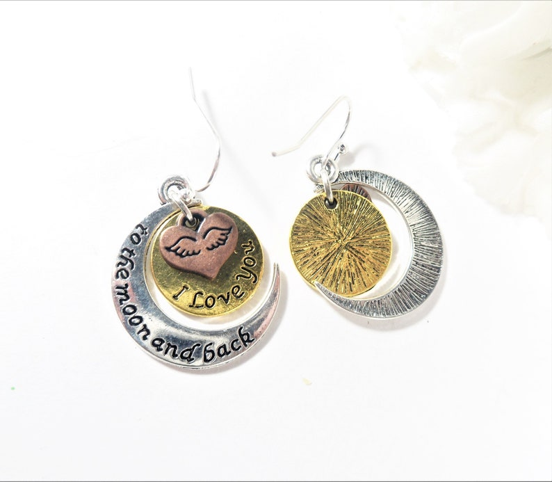 Tending Mothers Day Gifts Three Tone Necklace Silver Gold Bronze Crescent Moon Earrings I Love You to the Moon and Back Pendant