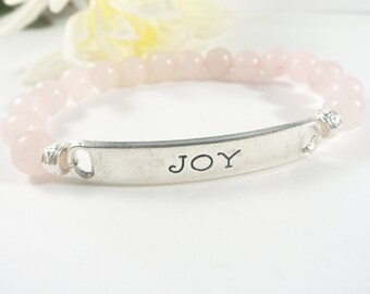 Joy Bracelet Rose Quartz Gemstone Pink Bead Bracelet Stretch for Teen Women Mom Daughter Sister Aunt Best Friend Joy Inspirational Jewelry