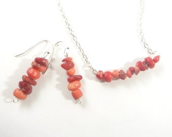 Red Coral Chip Layering Necklace Southwestern Style Santa Fe New Mexico Albuquerque Gemstone Jewelry Traditional Red Coral Jewelry Set