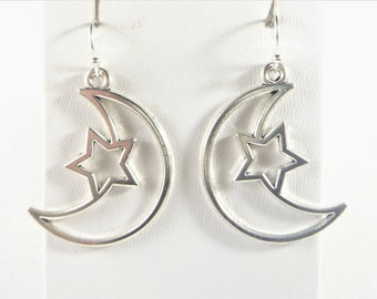 Star Moon Earrings, Crescent Moon Silver Earrings, Large Boho Celestial Earrings, Celestial Jewelry, Star Moon Jewelry, Moon Earrings