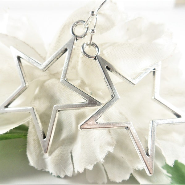 Silver Star Earrings, Large Star Jewelry, Dallas Cowboy Earrings, Star Necklace, NFL Earrings, NFL Jewelry, 5 Pointed Star Pendant