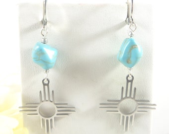 Turquoise Zia Earrings Unique Santa Fe New Mexico Jewelry Glamorous Southwestern Style NM Zia Symbol Albuquerque Jewelry New Mexico Gifts