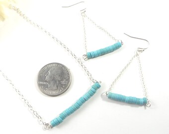 Turquoise Blue Heishi Bead Pendant Necklace Earring Set for Him or Her Captivating Southwestern Style Santa Fe Albuquerque New Mexico Gifts