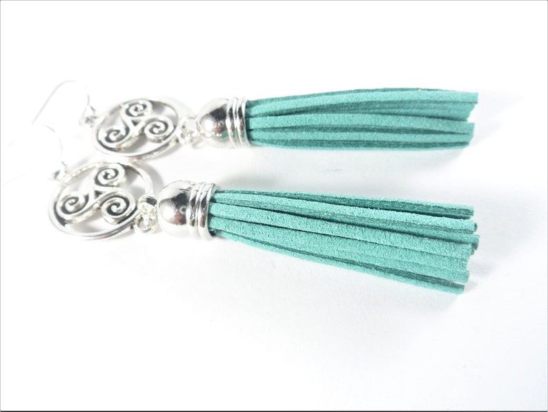 Sea Green Tassel Earrings Dangle Earrings SALE Long Earrings Heart Earrings Green Jewelry Celtic Earrings Irish Jewelry