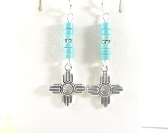 Turquoise Blue Zia Symbol Dangle Earrings Howlite Southwestern Jewelry Santa Fe New Mexico Zia Charm Earrings Unique Albuquerque Jewelry