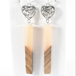 Herz Ohrringe Boho Rosa und Braune Ohrringe Harz und Holz | Etsy