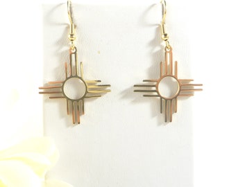 Zia Symbol Earrings Gold Plated, Zia Pendant: New Mexico Jewelry