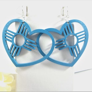 Turquoise Zia Heart Earrings, Turquoise Blue Zia Earrings HandPainted, New Mexico Zia Heart Charm Earrings, NM Zia  Symbol Statement Jewelry