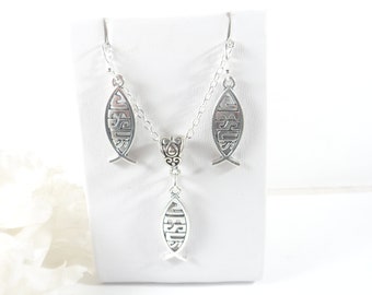 Silver Jesus Fish Earrings Christian Ichthys Symbol Jewelry Set  Jesus Christ Son of God Gifts Religious Presents Faith Pendant Necklace