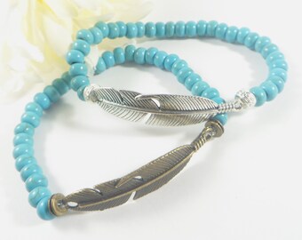 Feather Bracelet Feather Charm Bracelet Turquoise Blue Bronze Silver Native Tribal Bracelet Southwestern Stye Native Turquoise Bracelet