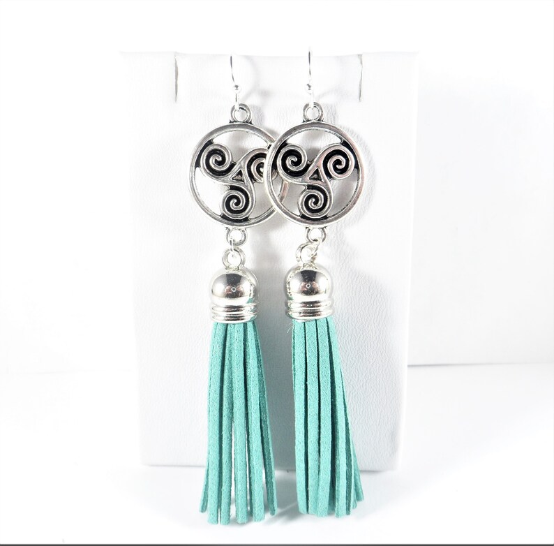 Sea Green Tassel Earrings Dangle Earrings SALE Long Earrings Heart Earrings Green Jewelry Celtic Earrings Irish Jewelry