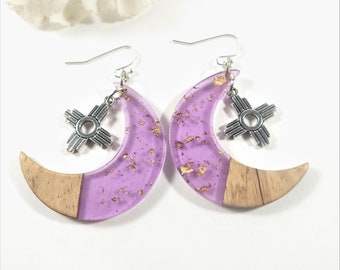 Purple Crescent Moon Zia Earrings, Unique Gold Flecked Moon Zia Charm Earrings, Zia Jewelry, New Mexico Zia Moon Earrings, Moon Jewelry